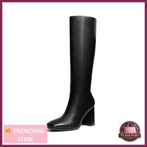 Faux Leather Knee High Boots Square Toe Chunky Heel Side Zipper